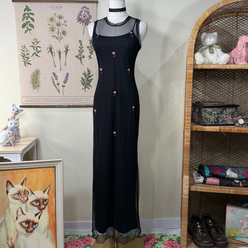 90s Y2k Mesh Floral Maxi Formal Dress Dark Coquette Fairy Romantic Whimsigoth S